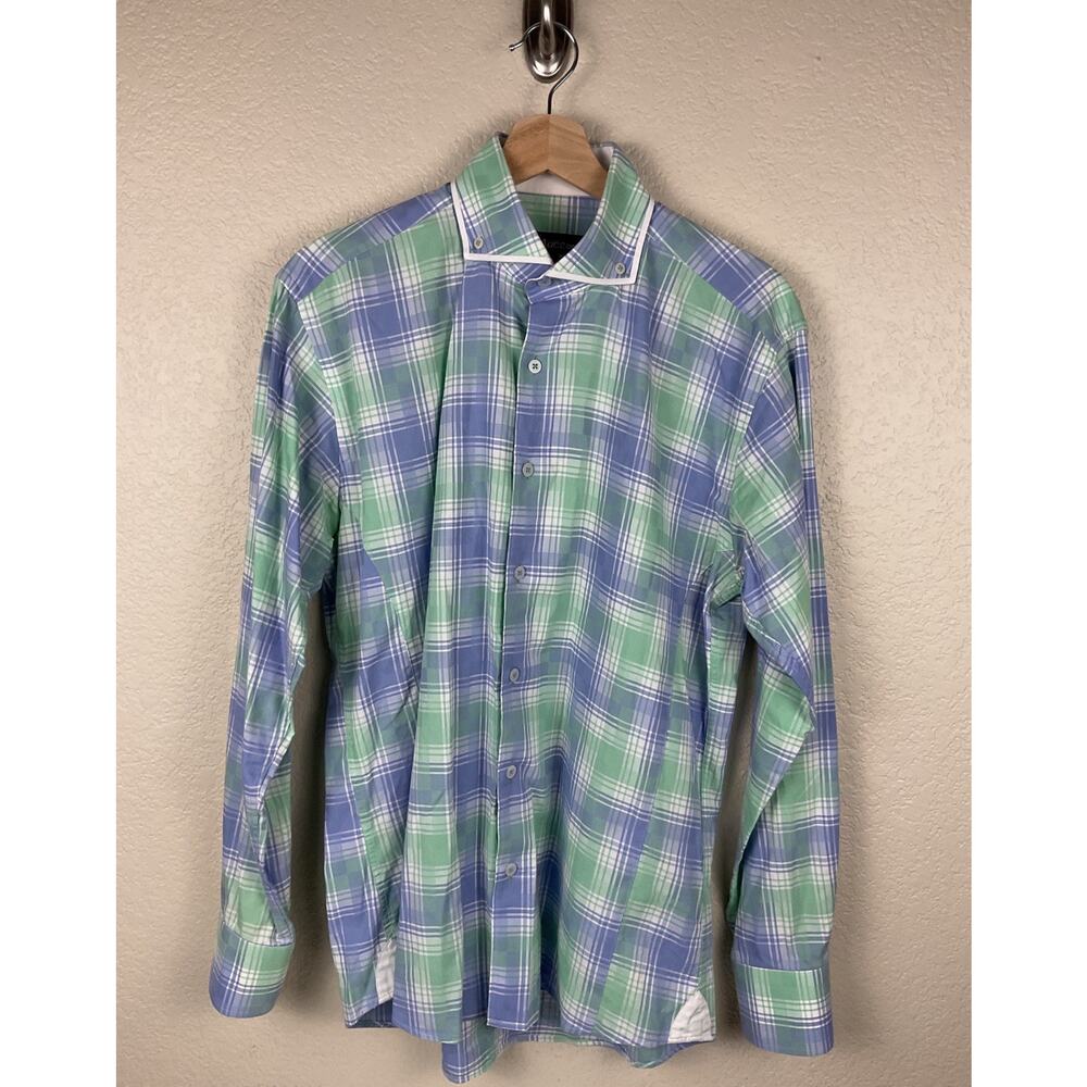 Maceoo Mens Button Down Shirt Medium 3 Plaid Cotton Blue Green Preppy Casual